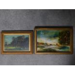 Two framed oils on board, one a surreal representation of a forest and the other depicting a villa