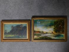 Two framed oils on board, one a surreal representation of a forest and the other depicting a villa