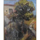 A gilt framed oil on board, impressionist style tree with building to the background. H.54x50cm