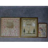 An antique framed and glazed sampler together with two framed and glazed antique embroideries.