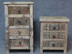 A carved Eastern hardwood bedside chest of three drawers together with a larger example of four