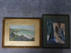Two framed and glazed watercolours, one depicting a seascape, unsigned, the other depicting a worker