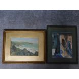 Two framed and glazed watercolours, one depicting a seascape, unsigned, the other depicting a worker