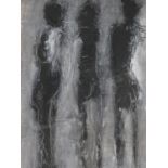 A framed and glazed mixed media depicting three shadowy silhouettes, by British painter and sculptor