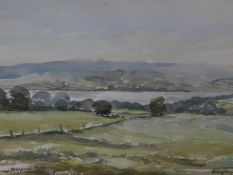 A framed and glazed watercolour titled 'Down to the river Exe.', indistinctly signed. 72x55cm