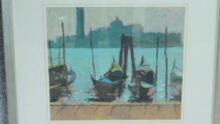 A framed and glazed oil on board by British artist Neil Murison RWA, titled 'Gondolas + St