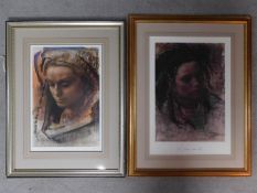 Two framed and glazed prints, portraits of women, indistinctly signed. 79x62cm