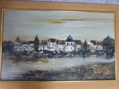 A framed oil on canvas river cityscape by British artist Peter Dunn. Signed by artist. 71.5x107.5