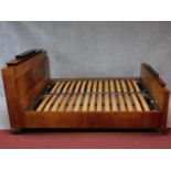 A vintage Continental Art Deco style rosewood teak and ebonised double bedstead. H.115 W.230 D.178cm