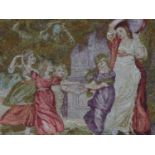 A framed and glazed antique embroidery depicting children playing. 36x34cm