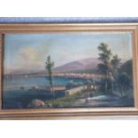 A giltwood framed 19th century oil on canvas of an Italian port City with figures on a bridge.