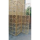 A large oriental style hardwood three panel screen or room divider with pierced decoration H.280cm