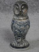 Antique German saltware glaze owl stein with a sterling silver engraved head and white metal collar,