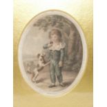 A framed and glazed antique hand coloured engraving by William Nutter. Depicting a young boy playing