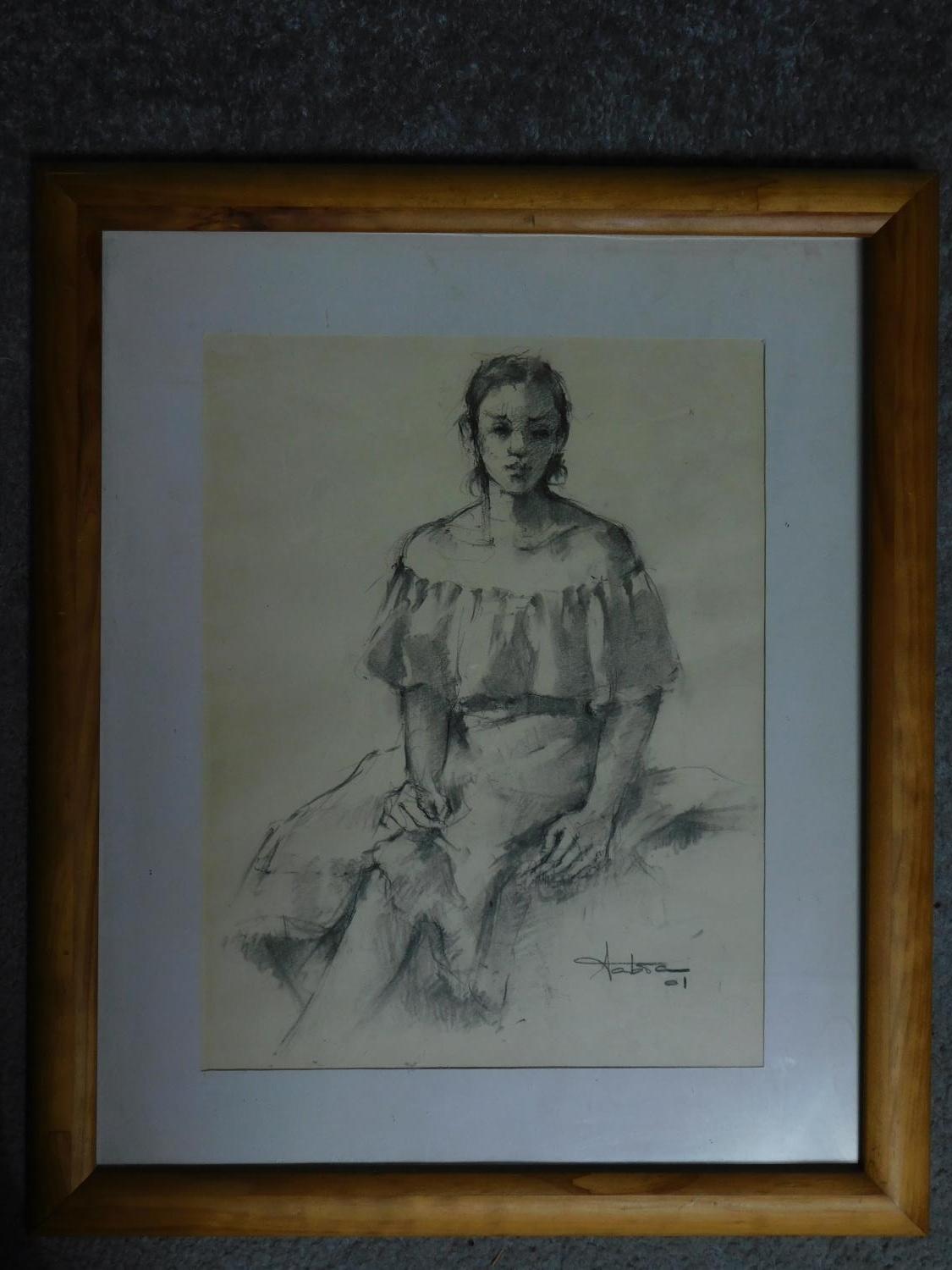 A framed and glazed pencil sketch of a woman sitting in a dress, indistinctly signed. 48x41cm - Image 2 of 4
