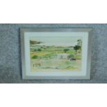 A framed and glazed watercolour of Santorini landscape by a British painter Anne Usborne. Signed and