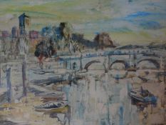 A framed and glazed mixed media of a harbour city scene, by Allan Burrows. 74x56cm