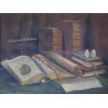 A framed oil on canvas, still life books on top of a desk, unsigned. 56x66cm