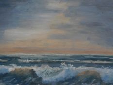 A framed oil on board depicting the ocean, unsigned. 47x37cm