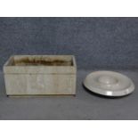 A marble rectangular planter together with a marble circular dish. H.25 W.49 D.25cm (planter)