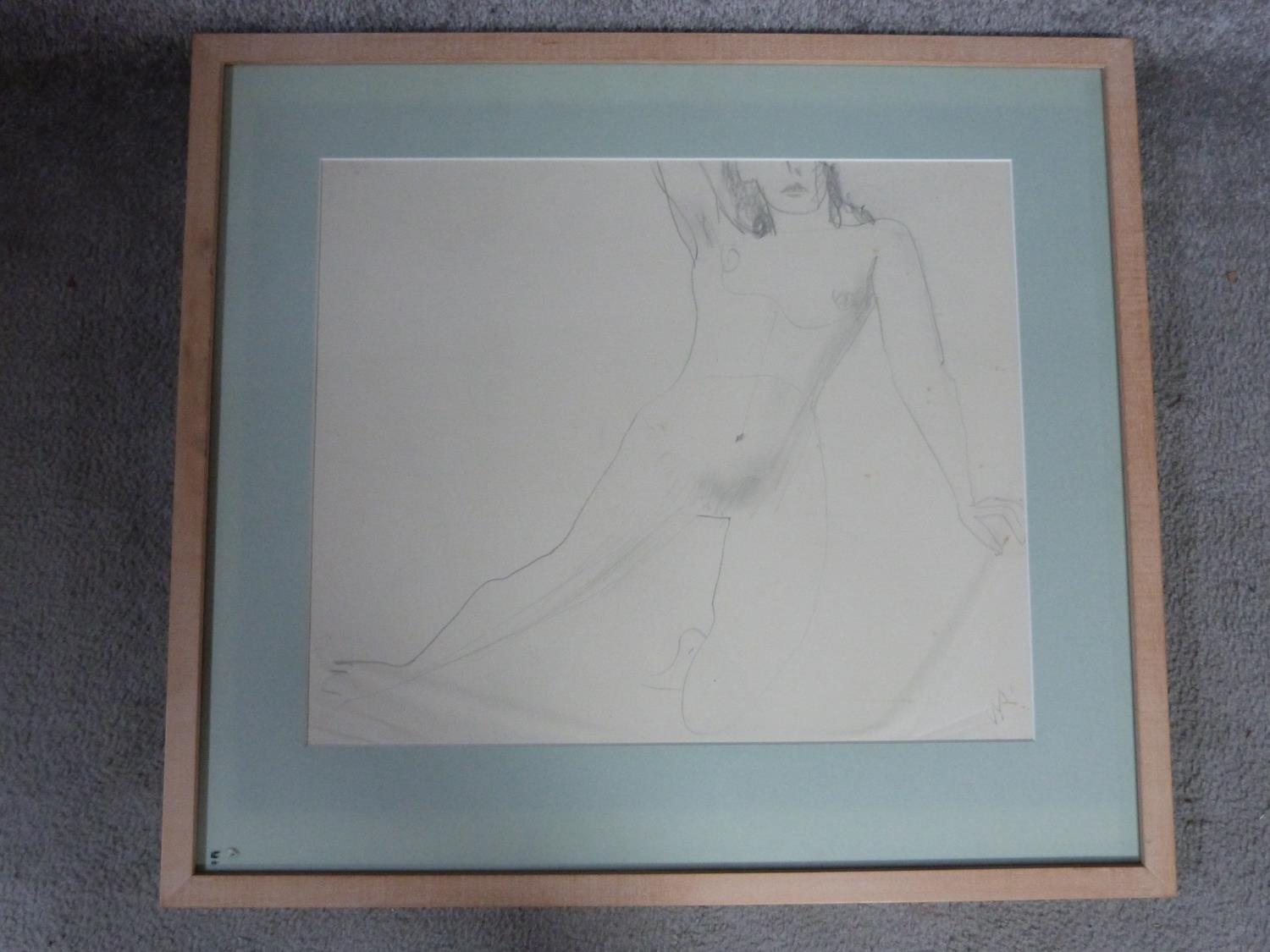 A framed and glazed pencil drawing of a female nude figure leaning on a chair by Artist Joan - Image 2 of 4