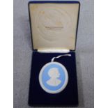 A Jasperware Wedgwood plaque of Margaret Thatcher, edition 258/500. Dedication to back and in blue