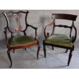 A William IV mahogany open armchair and another similar late Victorian example. H.90cm