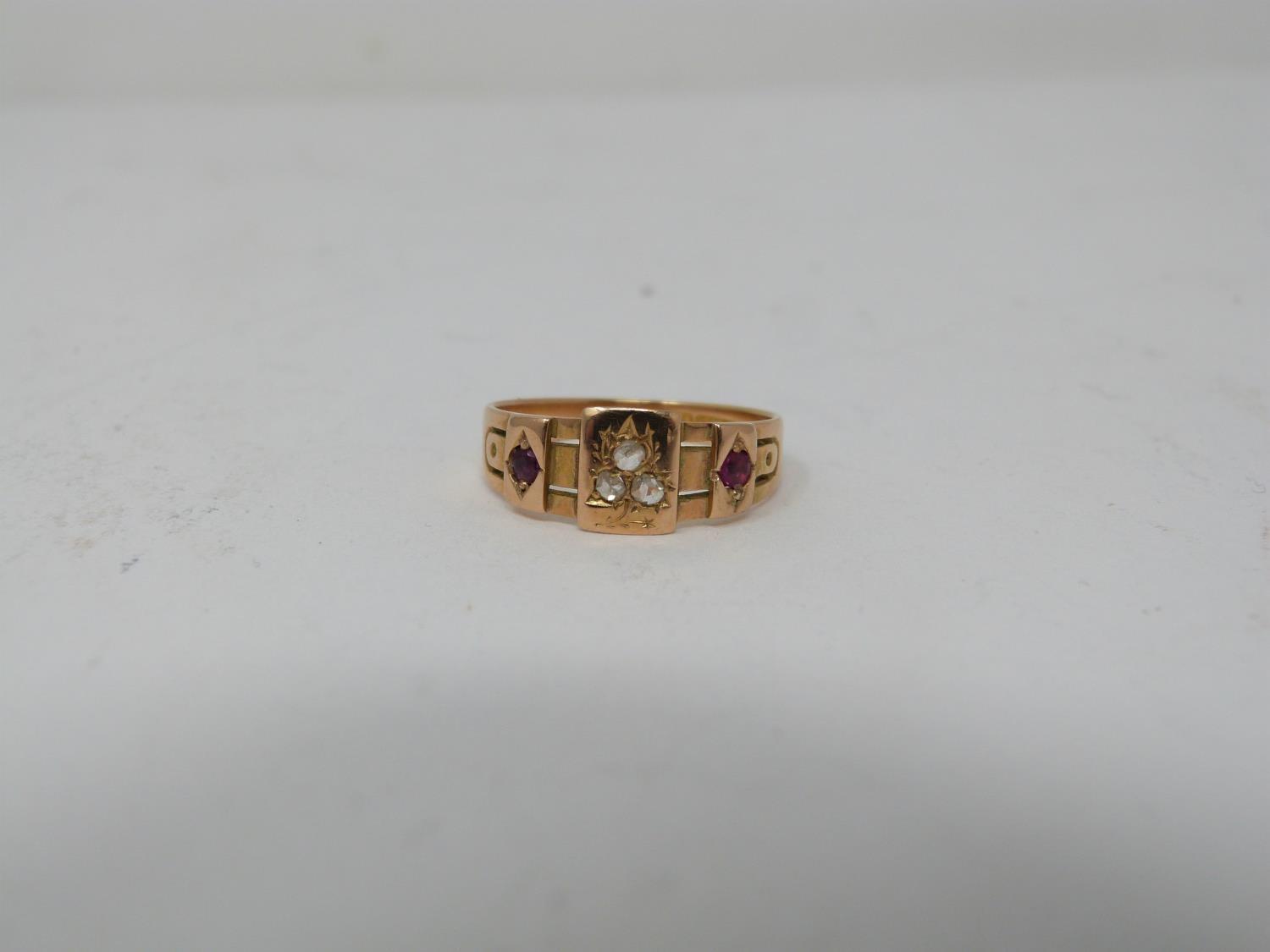 A Victorian 15ct yellow gold, Ruby and Rose cut diamond ring. Hallmarked, 625, 15ct, 1885. The - Image 2 of 7