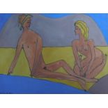 A framed and glazed watercolour depicting a nude couple in a surreal art style, signed by John