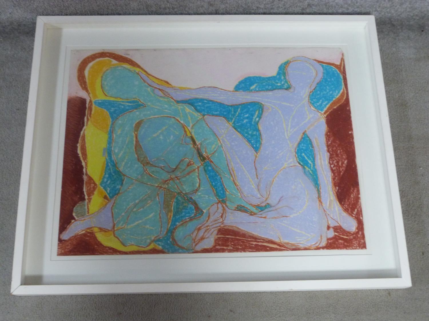 A framed and glazed abstract pastel on paper of two seated figures. Unsigned. 79x99 - Image 2 of 3