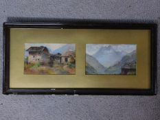 A framed and glazed diptych of watercolours depicting mountain scenes. 48x23cm