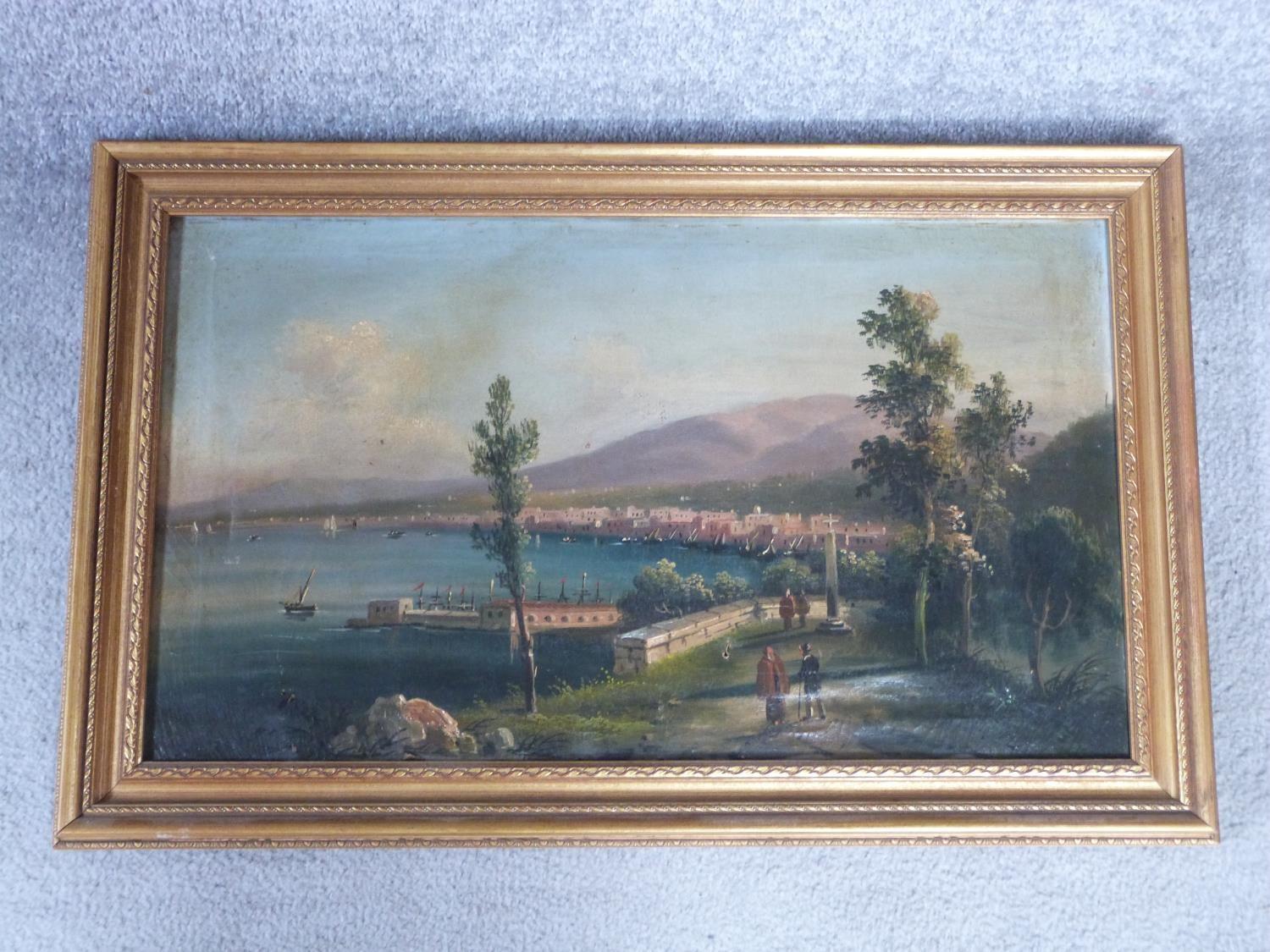 A giltwood framed 19th century oil on canvas of an Italian port City with figures on a bridge. - Image 2 of 4