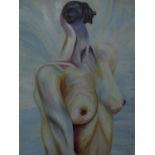 A framed surrealist oil on board of a female figure. Unsigned. 134x73cm