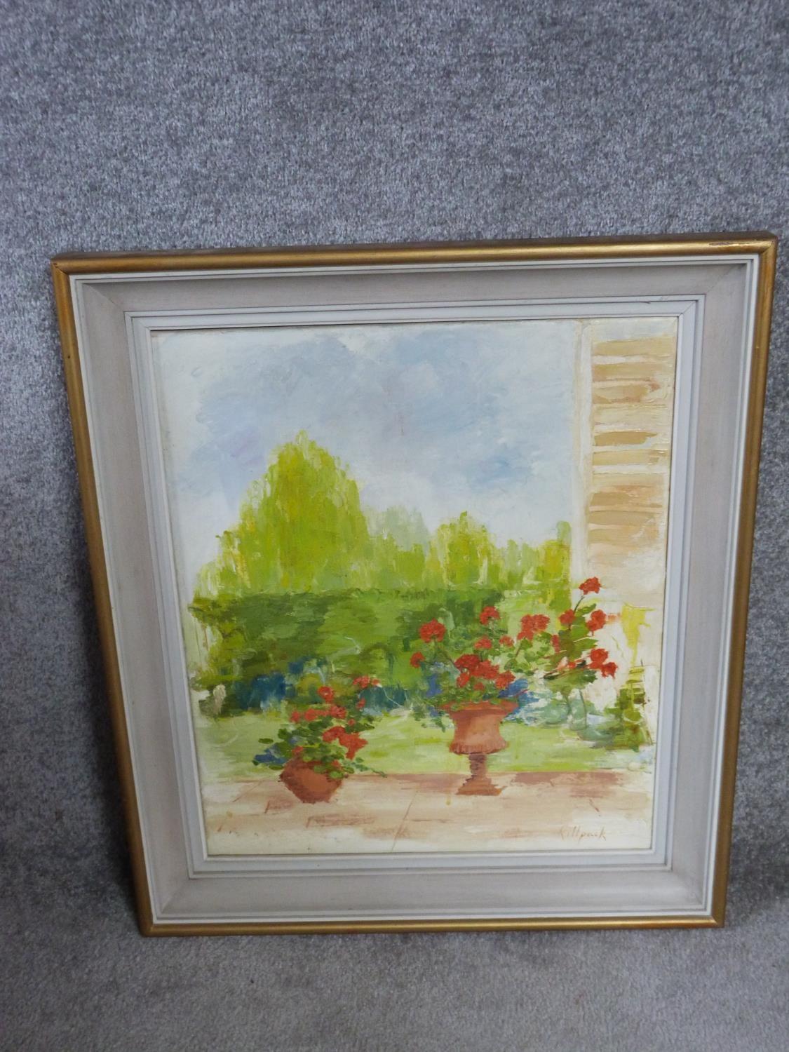 A framed oil on canvas by British artist Mona Killpack (16 March 1918 ? 6 May 2009). Titled 'Patio - Image 2 of 5