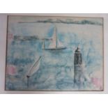 A framed and glazed pastel sketch by Joan Moore, titled 'Lighthouse in Cannes'. Signed by artist and