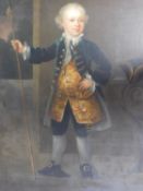 A 19th century carved giltwood framed oil on canvas of an aristocratic child in formal garments.