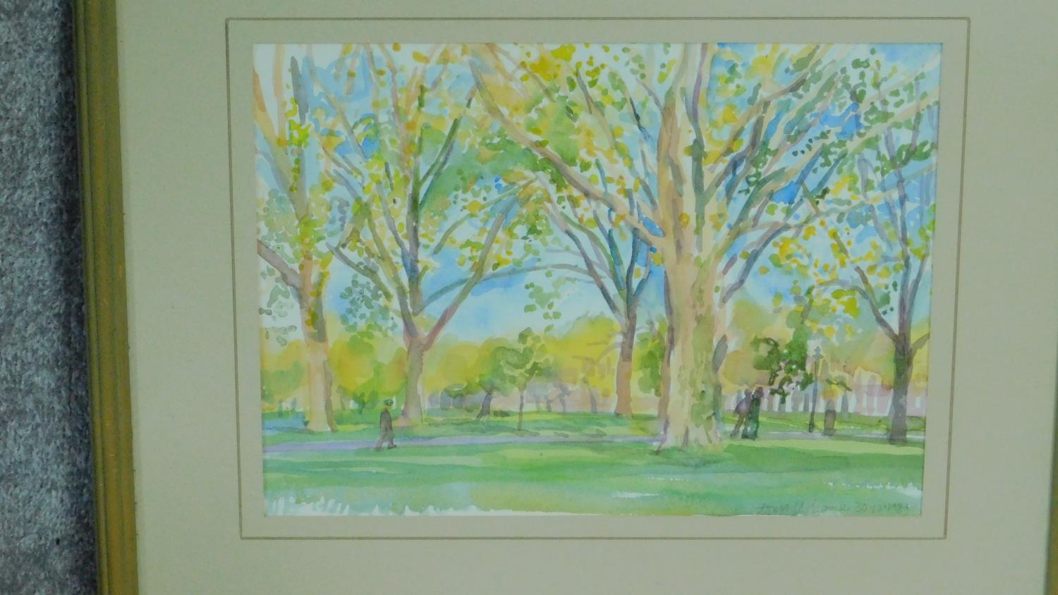 A framed and glazed watercolour of Highbury field by a British painter Anne Usborne. Signed by