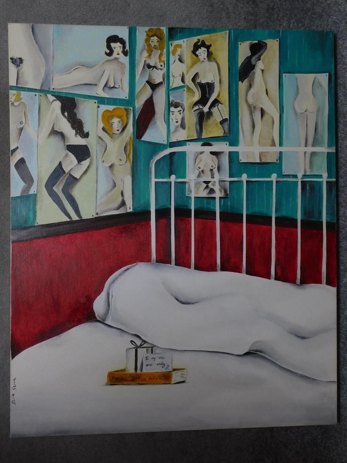 An oil on canvas by Spanish artist Silvia Serra, depicting a bedroom. Signed by artist. 100x81cm - Image 2 of 4