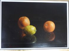 A gilt framed oil on canvas still life of fruit by Austrian F Barrasani. Signed by artist. 60x80.