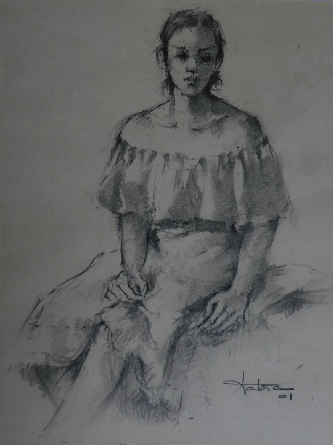 A framed and glazed pencil sketch of a woman sitting in a dress, indistinctly signed. 48x41cm