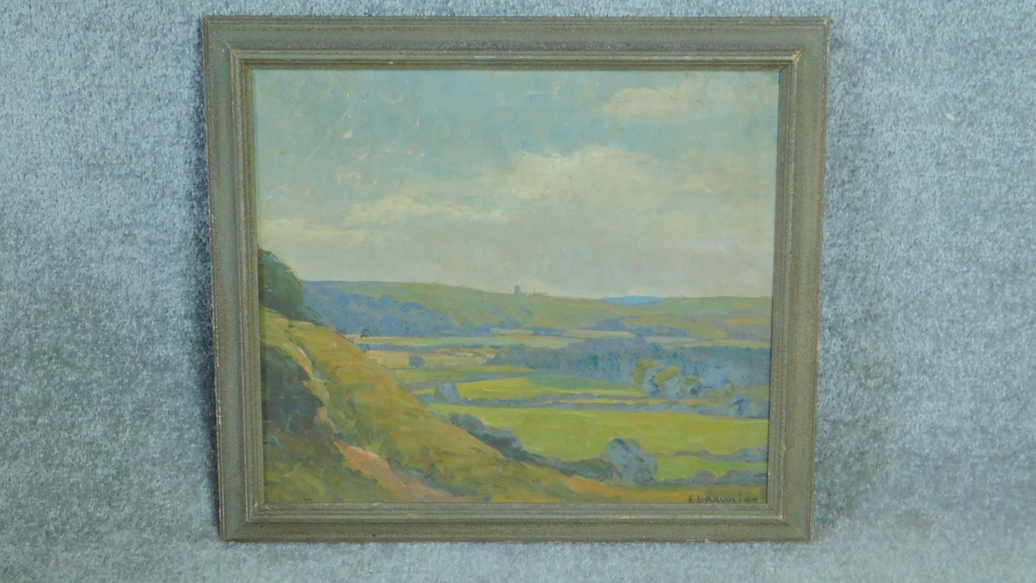 A framed oil on board by British artist Ethel Louise Rawlins (1880-1940), 'Sussex Downs', signed - Image 2 of 4