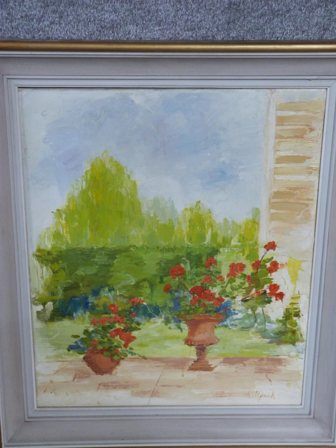A framed oil on canvas by British artist Mona Killpack (16 March 1918 ? 6 May 2009). Titled 'Patio