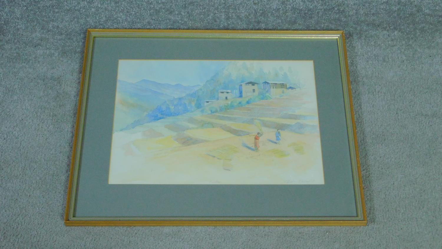 A framed and glazed watercolour by artist John Burton, titled 'Punakha Bhutan'. Signed and dated. - Image 2 of 4