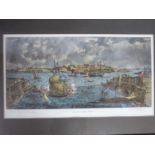 An antique signed framed and glazed hand coloured engraving of Valletta Harbour in Malta. Signed
