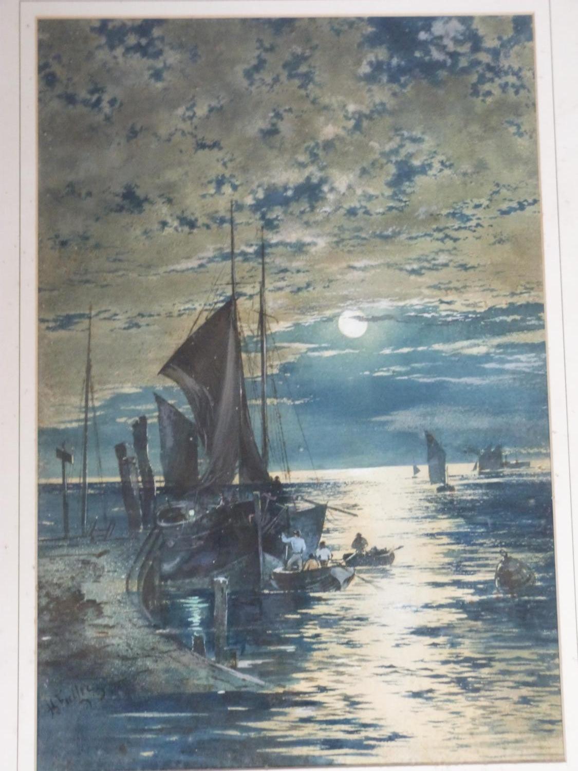 A 19th century framed and glazed watercolour of sailing boats by moonlight on the water.