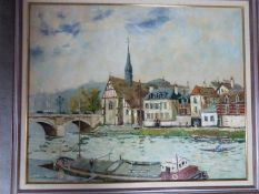 A framed oil on canvas by French expressions artist Jacques Bouyssou. Titled 'Le Pont a Sens'.