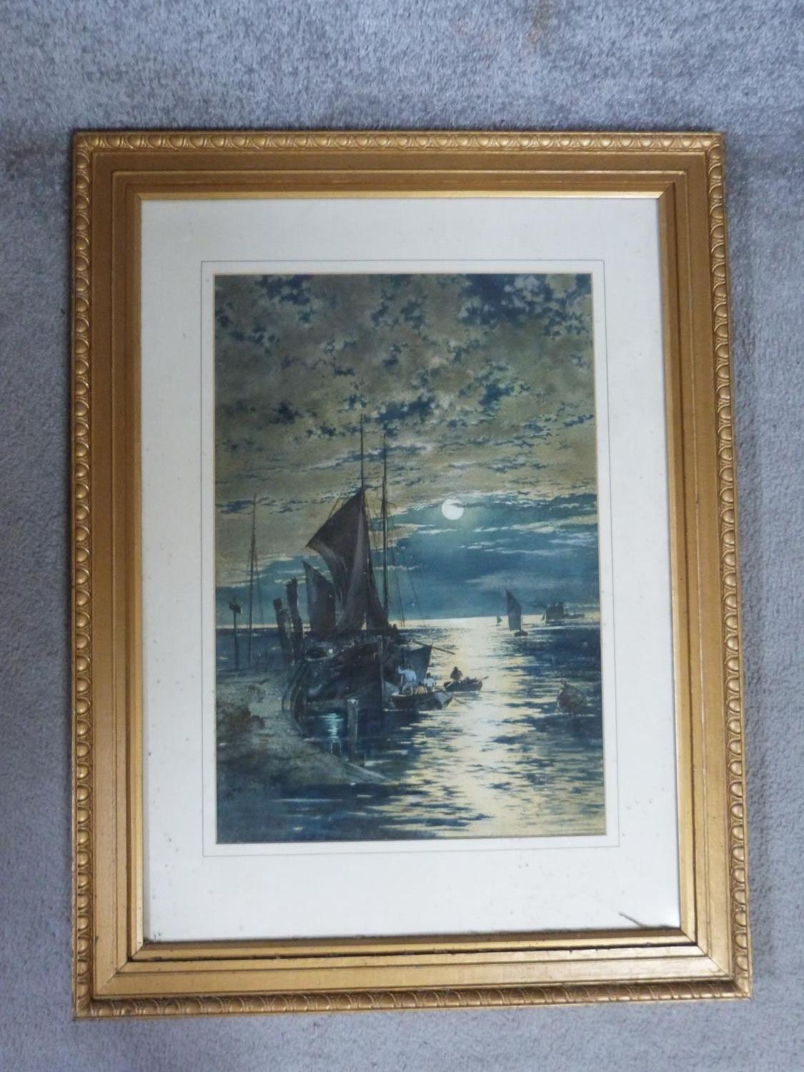A 19th century framed and glazed watercolour of sailing boats by moonlight on the water. - Image 2 of 4