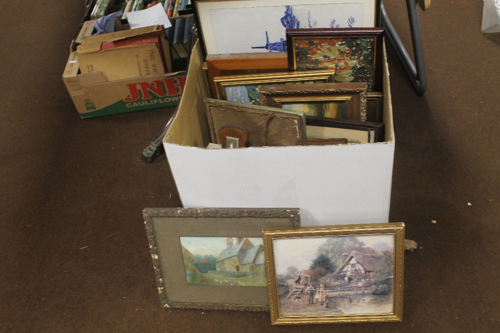 A BOX OF ASSORTED PICTURES, PRINTS ETC.