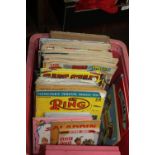 A BOX OF ANNUALS AND COMICS TO INCLUDE 'THE GOLDEN PENNY' 1901, TWO COPIES OF 'THE RING' 1955 AND