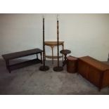 A QUANTITY OF ASSORTED FURNITURE TO INCLUDE BLANKET BOX, HALF MOON TABLE, STANDARD LAMPS ETC.